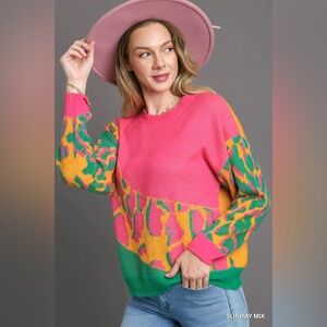Umgee Bright Pink, Yellow & Green Colorblock Crewneck Sweater